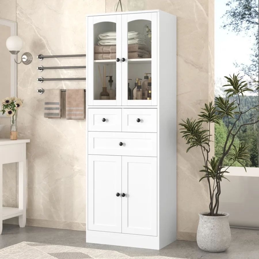 

Tall Bathroom Storage Cabinet Cabinet with Four Doors and Drawers Adjustable Shelf MDF Board