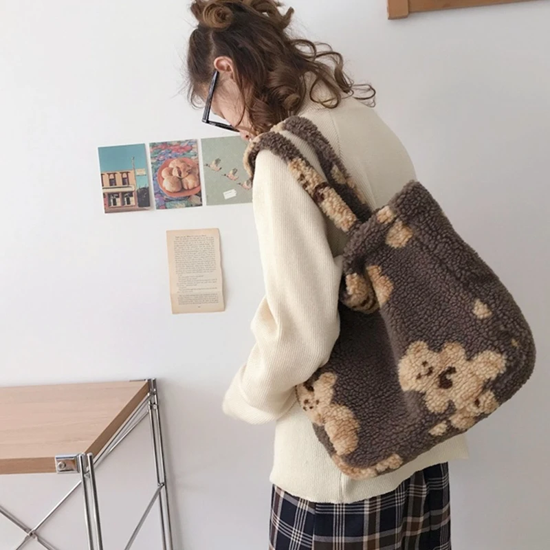 E74B Fashion Winter Imitation Lamb Hair Shoulder Bag Women Cartoon Bear Plush Handbags Casual Shopper Bag Women for Totes Gif