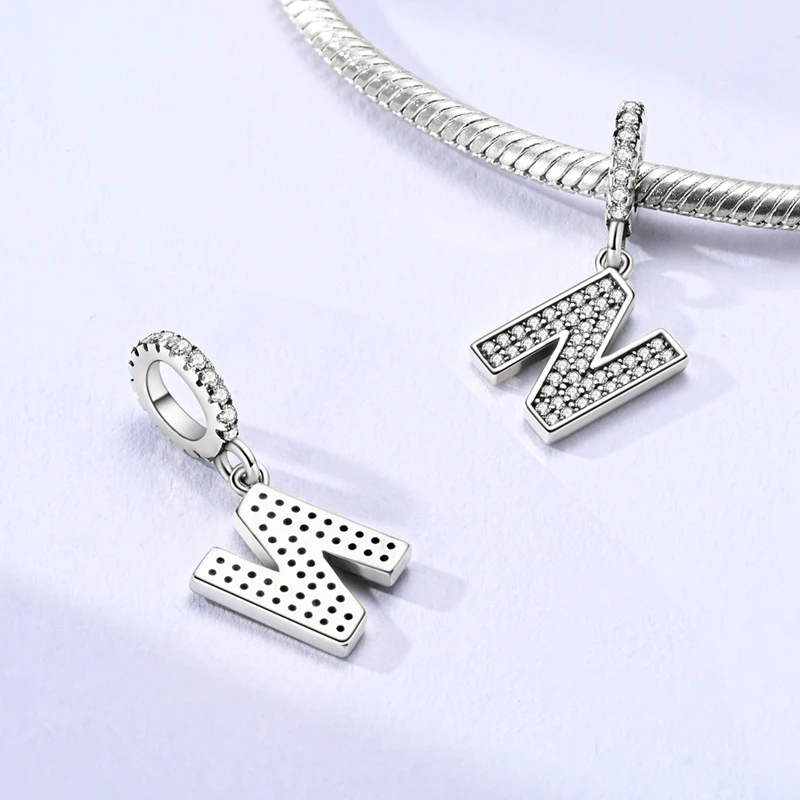 

925 Sterling Silver Letters Charms Bead CZ Zircon N Alphabet Dangle Fit Original Bracelet Women Jewelry Gift