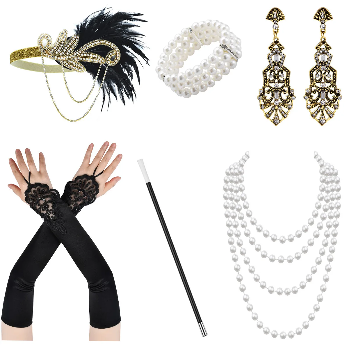 1920 Gatsby Makeup Ball Party Halloween Set Headband Gloves Smoke Rod Earrings Bracelet Necklace Combination