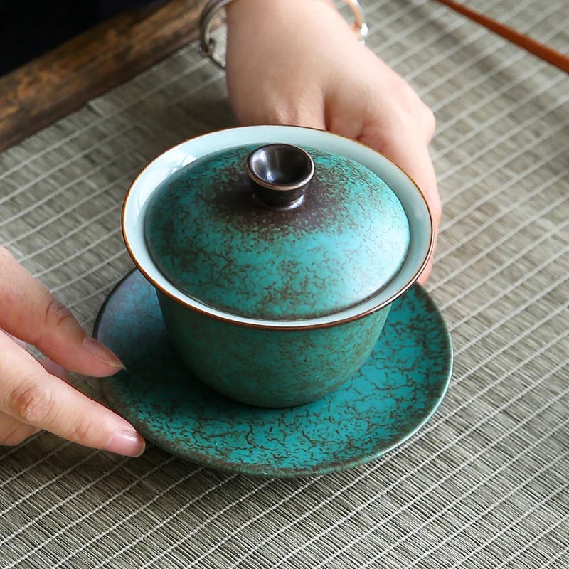 Imagem -05 - Estilo Japonês Esmalte Turquesa Cerâmica Sancai Gaiwan Retro Estufa Mudança de Alta Capacidade de Chá Capa Tigela Drinkware Presente Personalizado