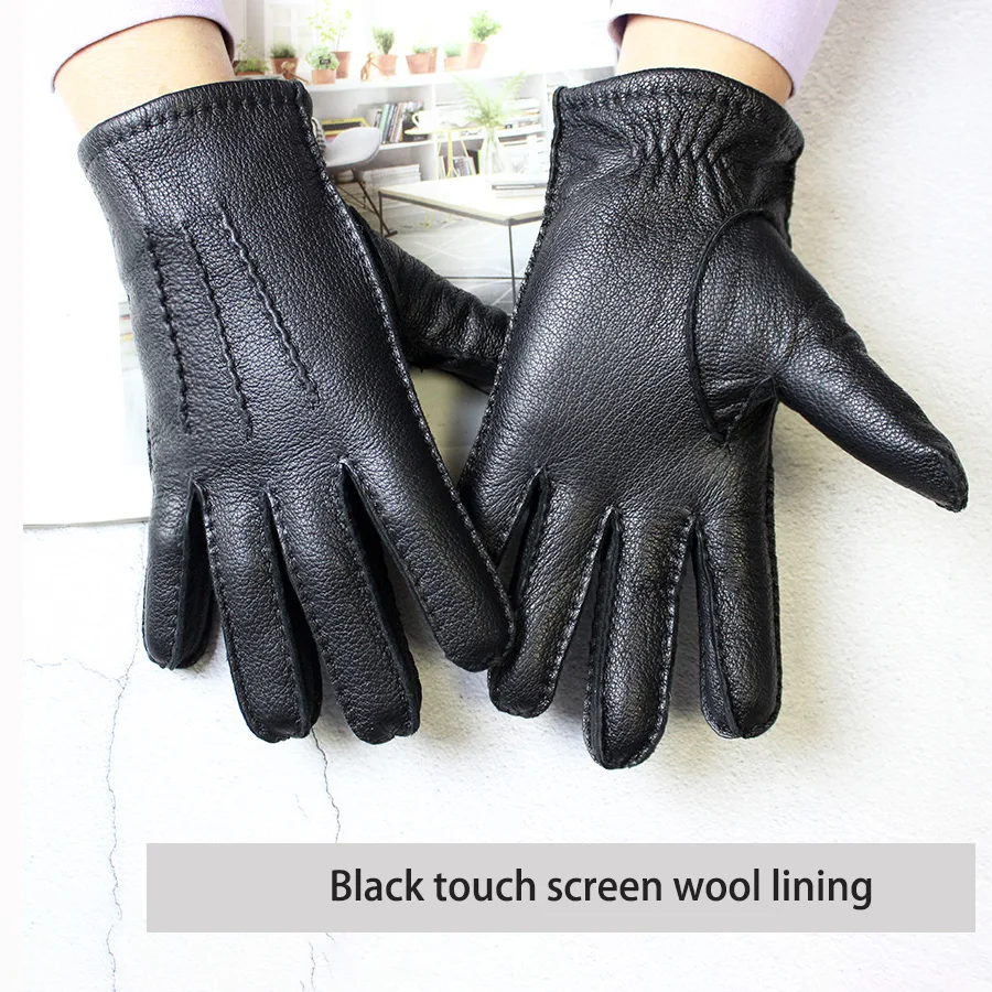 Winter Driving Leather Deerskin Gloves Men\'s Fashion New Wool Lining Autumn Warmth Motorcycle Riding Driver Finger Gloves