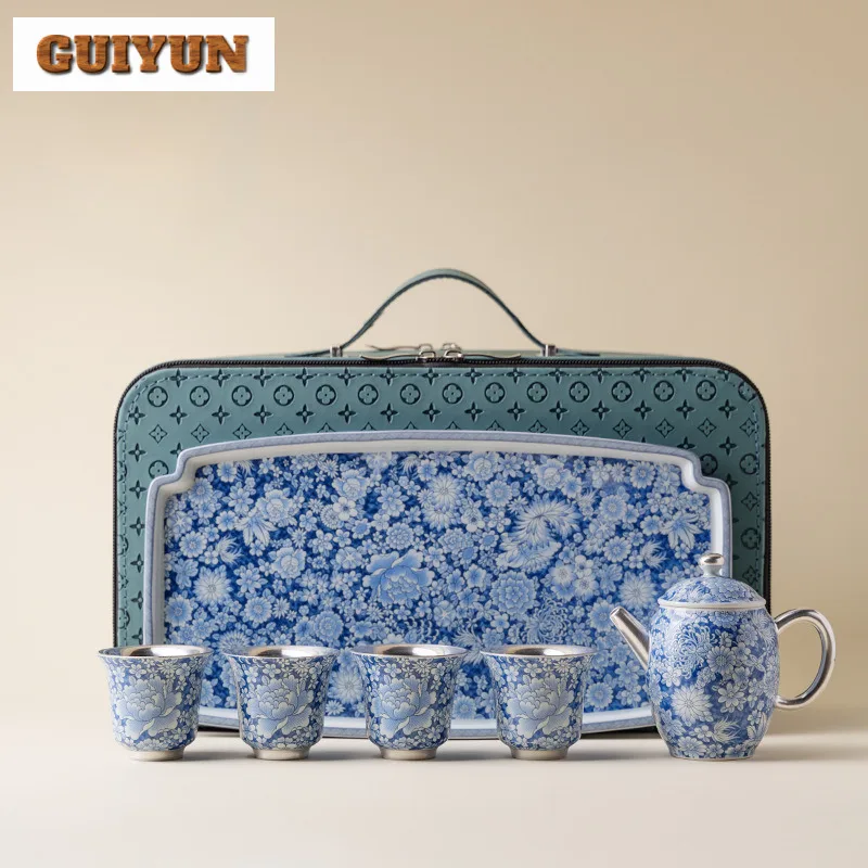 

Gilded Silver Blue And White Tea Set Complete Set Zen Tea Ceremony Set Household Teapot And Tea Cup Set Tableware Supplies Gift