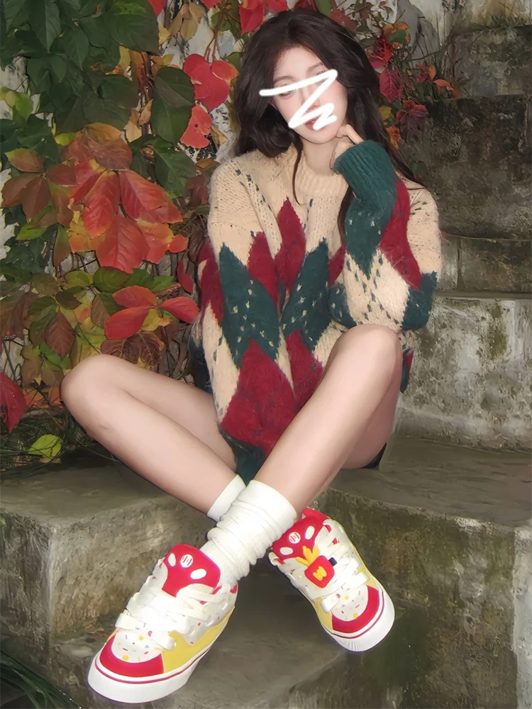 

Vintage Fair Isle Knitwear Men's Winter Cisas Color Blo round Ne Base Layer Couples Long Sve Casual Top