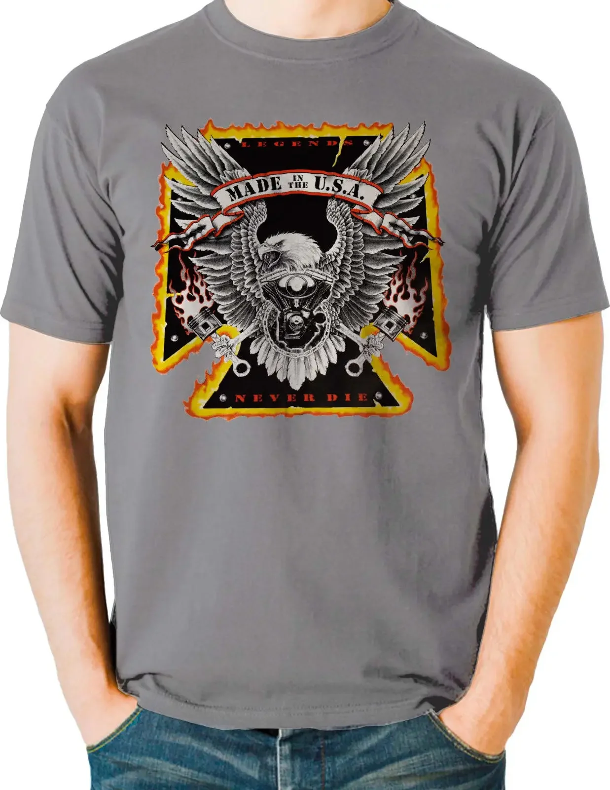 Legends Never Die. Road Riding Motorcyclist Eagle Cross T Shirt. New 100% Cotton Short Sleeve O-Neck T-shirt Casual Mens Top