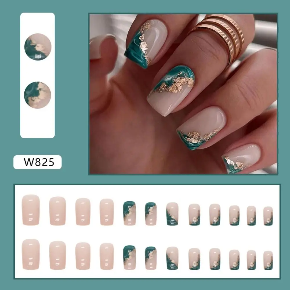24pcs Long Square False Nails French Green Garden Butterfly Fake Nails Full Cover Press on Nails Nail Tips Faux Fingernail
