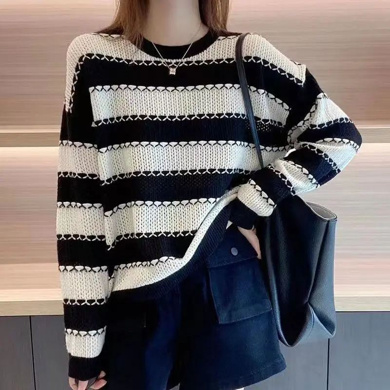 Fashionable Lazy Style Loose Contrasting Colors Striped Pullovers O-Neck Korean Knitting Autumn Winter Thick Women's Clothing
