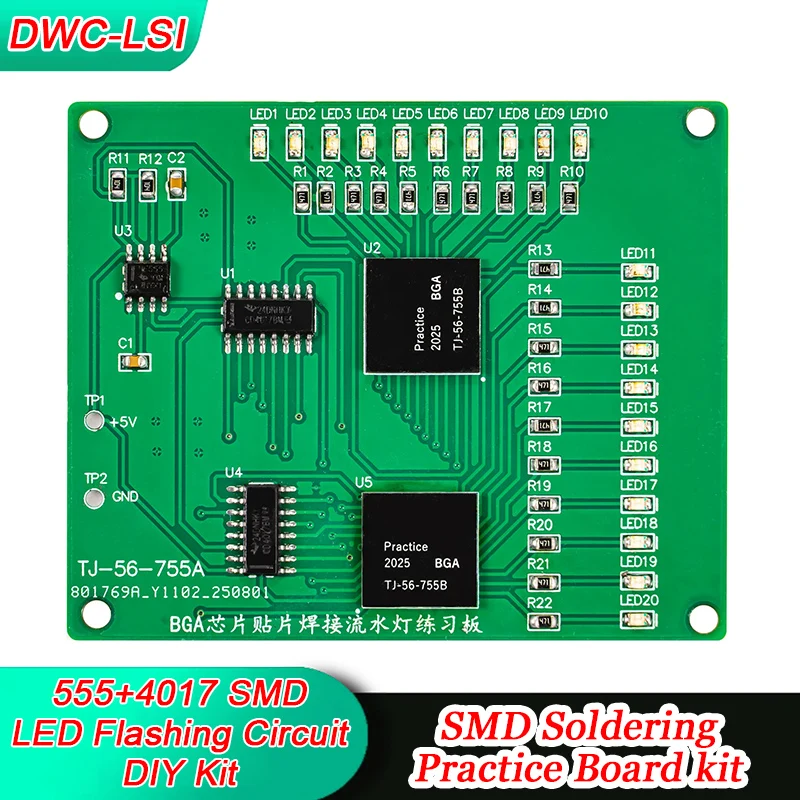 Kit de placa de prática de solda de chip BGA 555 4017 SMD circuito de luz de fluxo kit DIY
