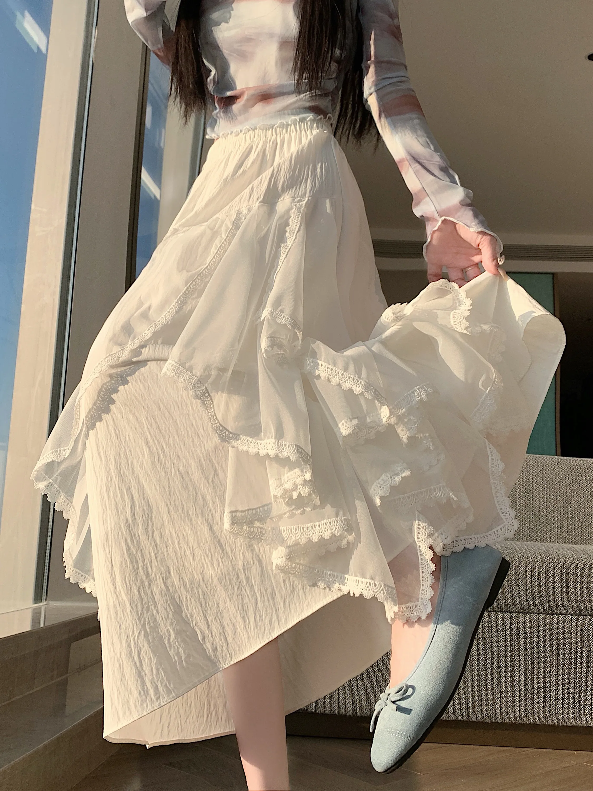 

Юбка миди А-силуэта с высокой талией, белая, с кружевными вставками, женская, весенняя, модная, утягивающая, средней длины, в корейском стиле