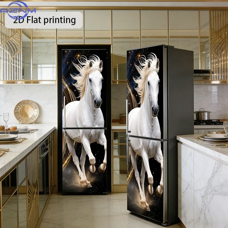 Refrigerator Sticker, Star-Chasing Galloping Horse Theme Design, Self-Adhesive Wall Decal for Cabinets and Wardrobes, Modern K