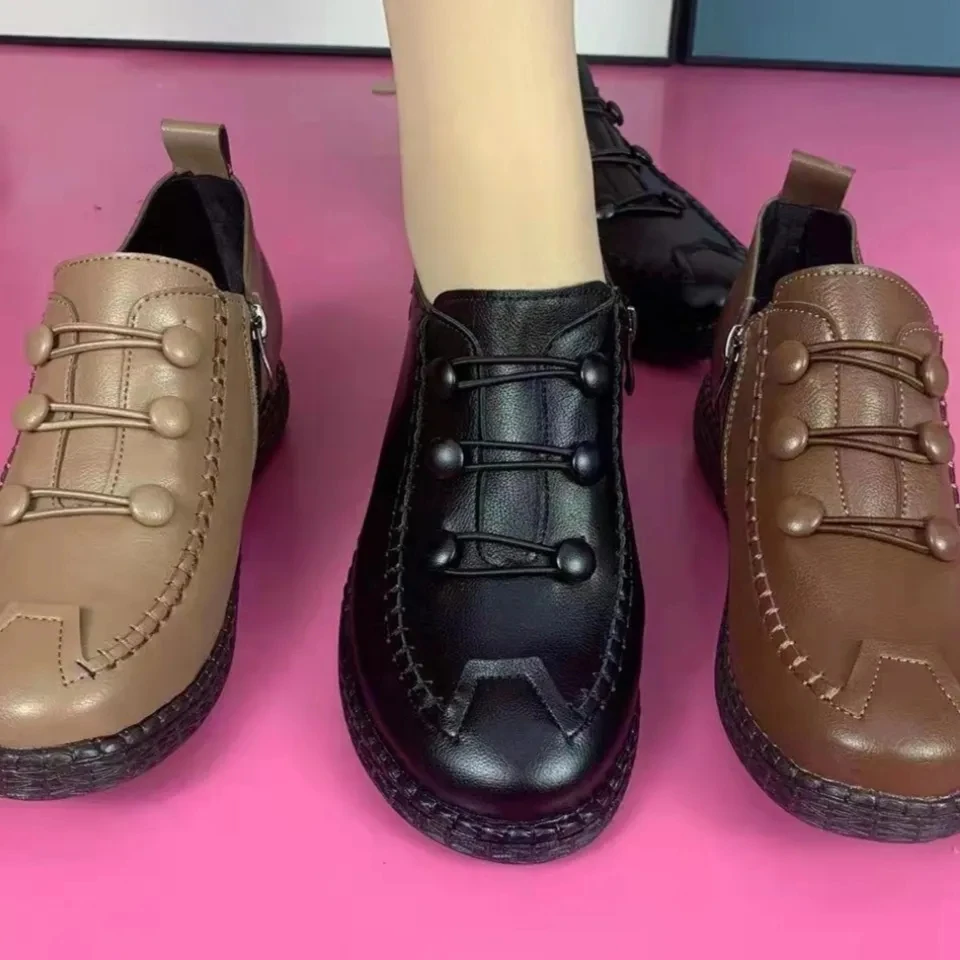 Zapatos planos de cuero Artificial hechos a mano para mujer, mocasines antideslizantes de tacón bajo, moda madre