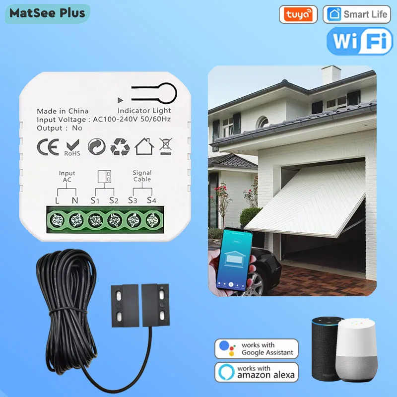

Tuya Smart WiFi Garage Door Opener Controller Dry Contact with Sensor Kit App Remote Control Timer Supports Alexa Google Home