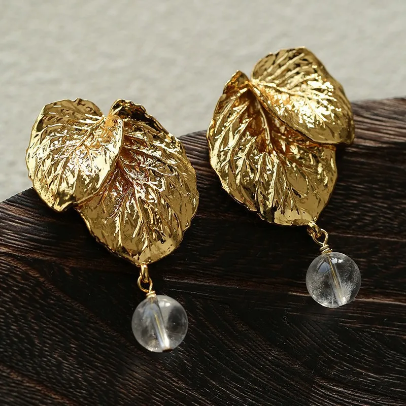 Vintage Jewelry Brass Gold Plated Leaf Earrings Necklace Women Europe American Designer Accessories