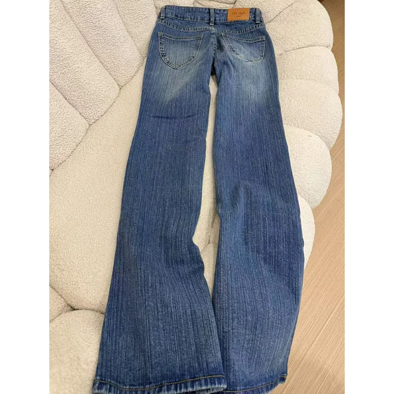 กางเกงยีนส์ทรงบานเอวต่ำสไตล์วินเทจสำหรับผู้หญิง สีน้ำเงิน ทรงตรง สไตล์ลำลอง คลาสสิกแบบเกาหลี ผ้าเดนิมสีพื้น ลดราคา