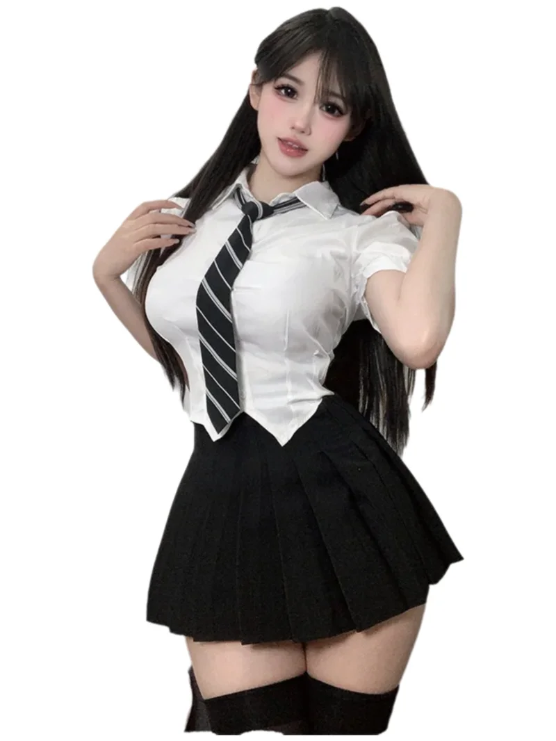 2024 New JK Korean Style College Style Cinching Waist Spicy Girl Short Sleeve Shirt Top+high Waisted Pleated Skirt Set 45LP
