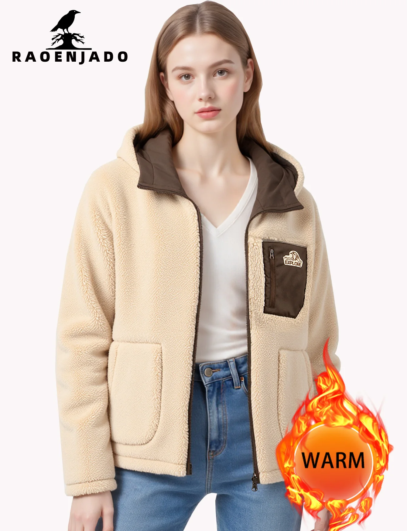 

Женская флисовая куртка утепленная теплая зимняя больших размеров с капюшоном на молнии повседневная свободная двусторонняя пальто-пэчворк