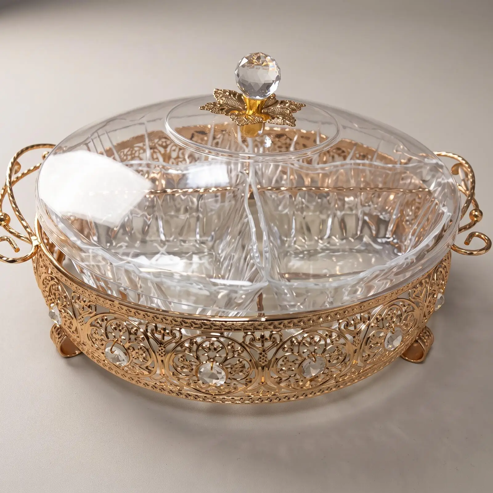 Multi Compartment Serving Tray with Zinc Alloy Outer Frame and Crystal Top Knob for Nuts and Sweets