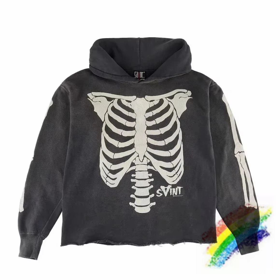 

Промытая толстовка с капюшоном SAINT для мужчин и женщин, пуловер с принтом в виде скелета и ребрышками