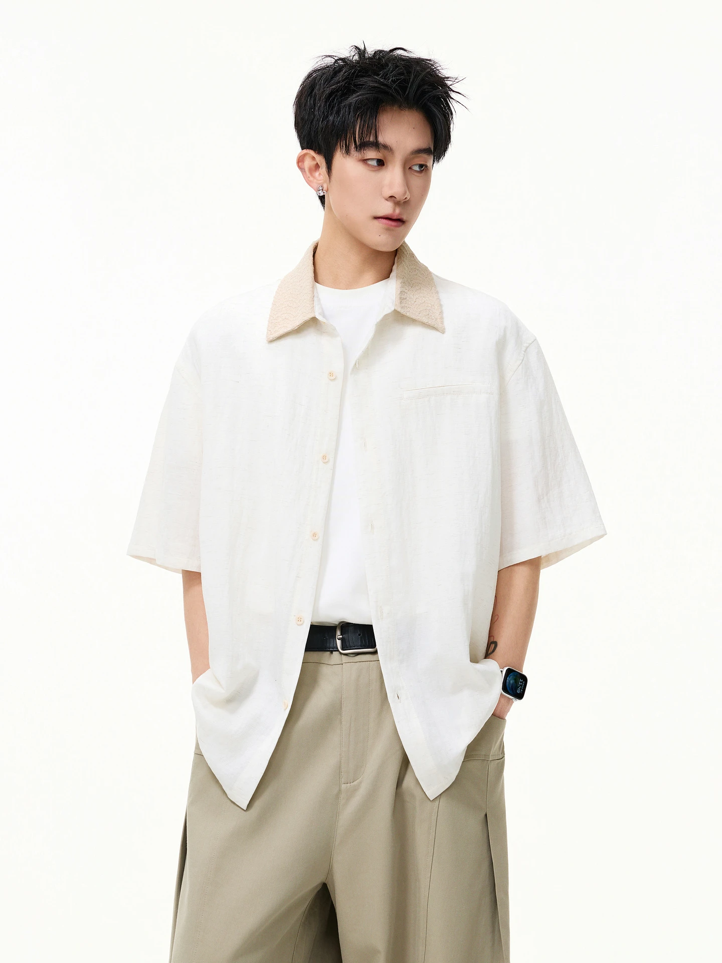 

Летняя повседневная текстурированная рубашка с коротким рукавом для мужчин, свободная, для пар, для отдыха, износостойкая, стандартного кроя, с отложным воротником, кардиган