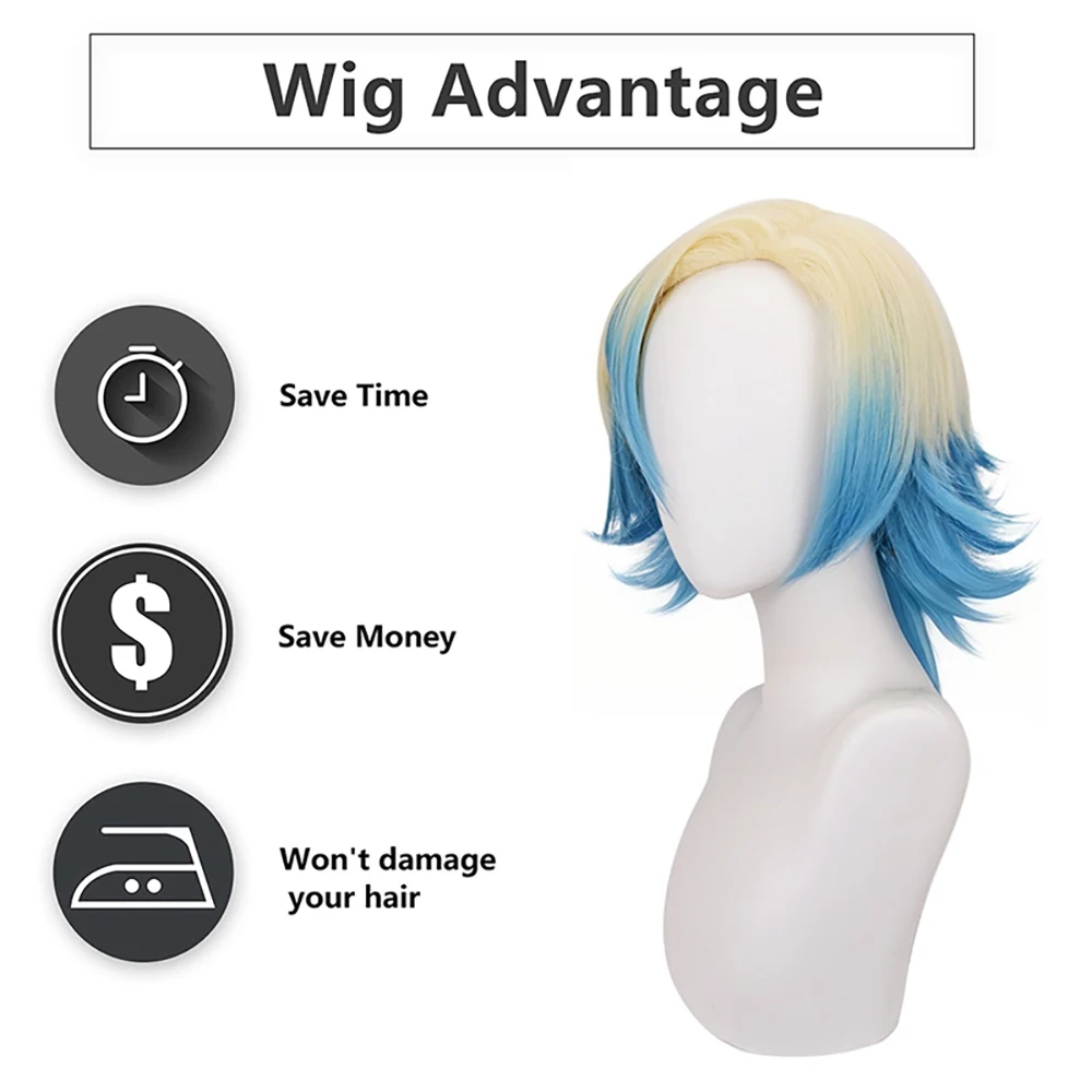 Michael Kaiser Cosplay Wig Blue Blonde Ombre Short Wig With Ponytail Heat Resistant Synthetic Hair Unisex For Anime Halloween view 3