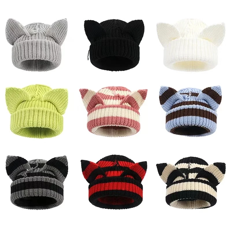 Japanese Y2K Cute Black White Striped Cat Ears Wool Hat Women Autumn Winter Warm Little Devil Hanging Ball Knitted Beanie Hat