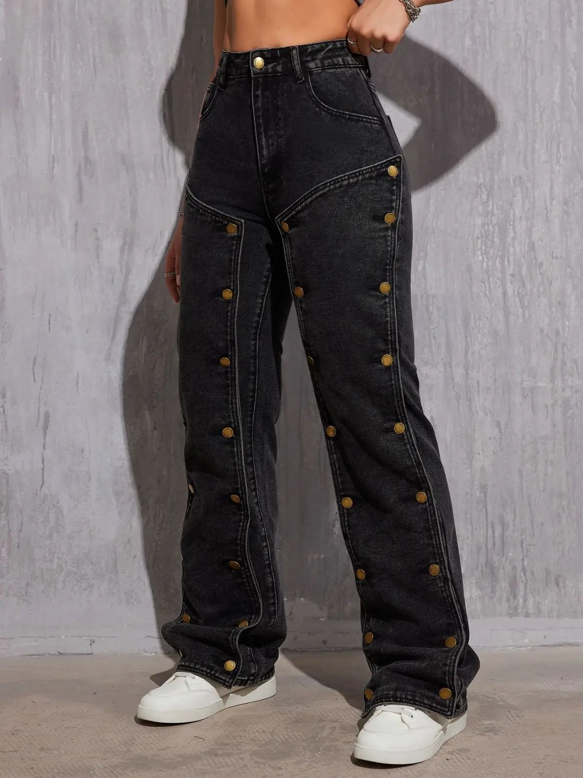 Women\'s Spring and Autumn New Fashion Detachable Multi-button Straight-leg Pants, Hip Hop Casual High-waisted Cargo Long Pants