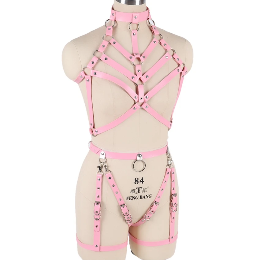 BONDAGE STRAPPY Full Body Harness Leather Women Lingerie Chain Rivet Top Cage Bra Punk Goth Pink Rave Adjustable Garter Belt