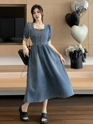 Retro Shoulder Short Sleeved Elegant Denim Dress Female Summer Waist Slimming Blue A-line Long Cowboy Dress Women's Wear