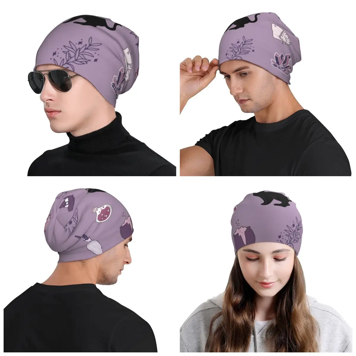 Purple Witch Pack Skullies Beanies Caps Unisex Winter Warm Knitted Hat Hip Hop Adult Halloween Spooky Cat Bonnet Hats Ski Cap