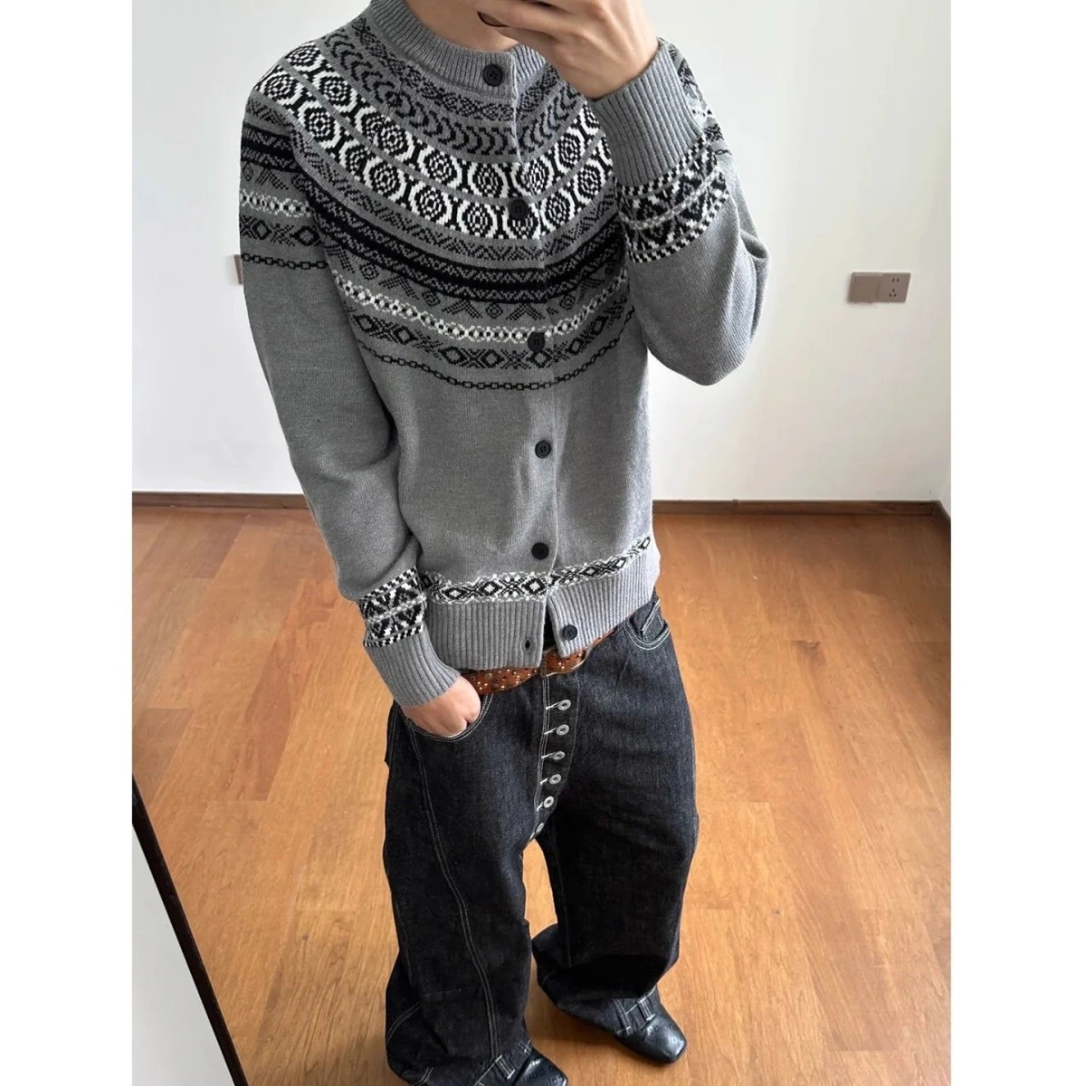 

Американский вязаный кардиган в стиле Fair Isle для мужчин и женщин, осенняя верхняя одежда, свободный повседневный свитер с длинными рукавами