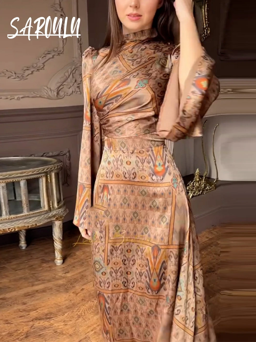 Hermosa impresión una línea vestido de noche clásico mangas acampanadas escote alto elegante gran oferta S-2XL vestido de fiesta Casual fecha fiesta