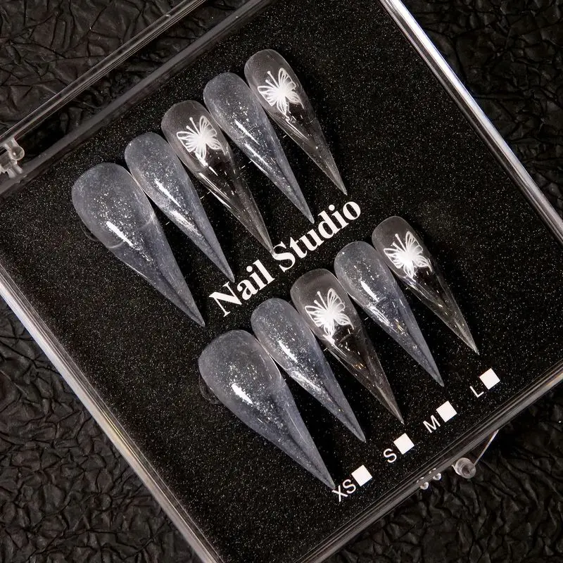 Handmade Clear Stiletto Press On Nails Silver Glitter White Butterfly Fake Nail Tips Reusable Long Pointed False Nails For Nail