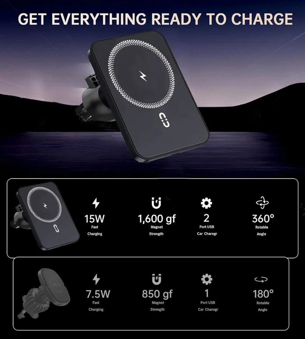 360° drehbarer magnetischer Auto-Lüftungshalter mit kabellosem Ladegerät für MagSafe iPhone 17~12 Samsung Xiaomi Handyhalterung – Detail 3
