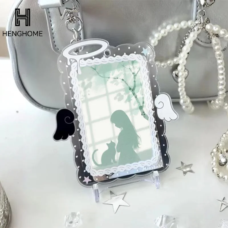 1Pcs 3 Inch Transparent Acrylic Photocard Holder Cartoon Angel Wing Star Keychain For Kpop Photos ID Cards