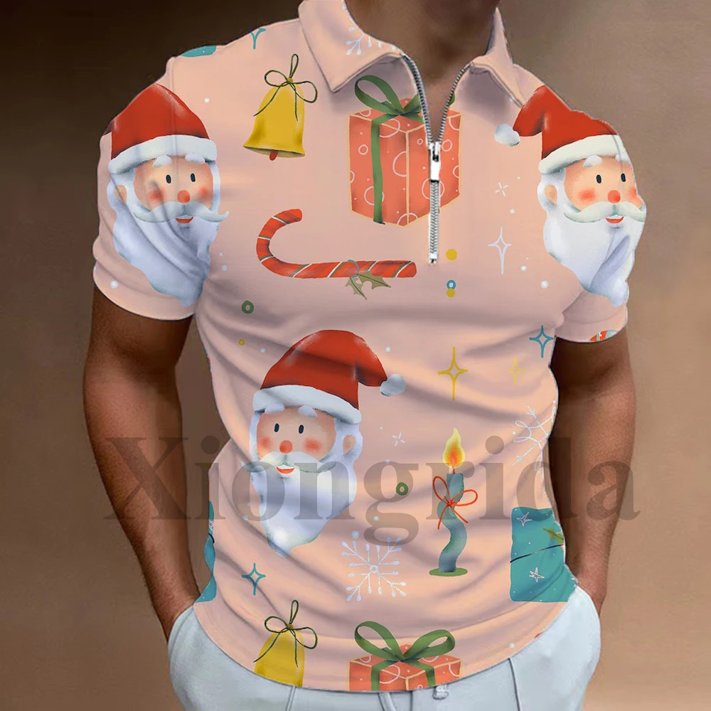 Christmas 3D Printed Polo Shirts Mens Holiday Santa Claus Gingerbread Pattern Print Short Sleeve Zip Lapel Polo Shirts Tees Male