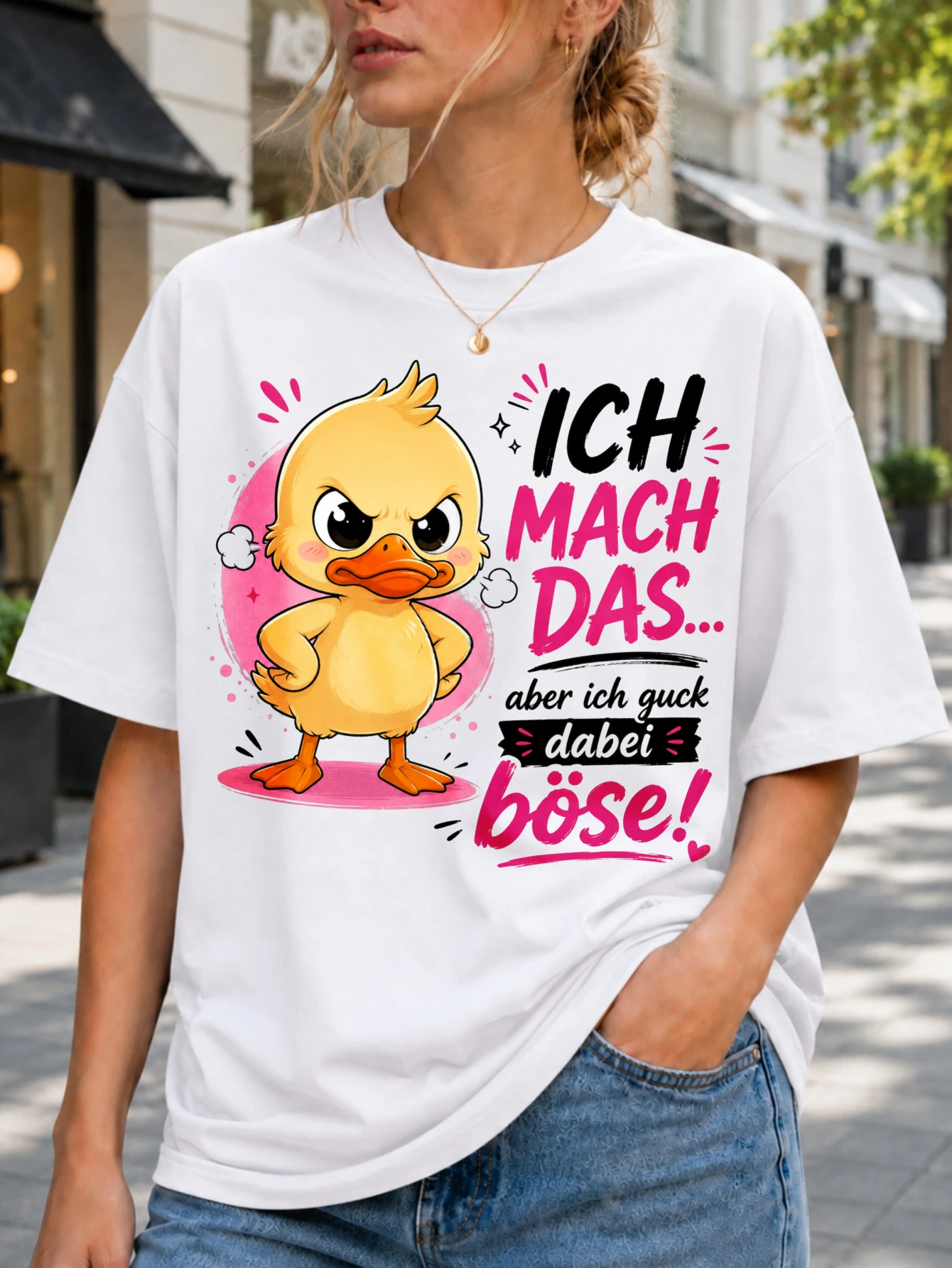 Ich Mach Das duck Tee avec inscription jaune colèreuse en forme de canard rose et inscription en lettres, et inscription en allemand amusante et têtu, T-shirt unisexe