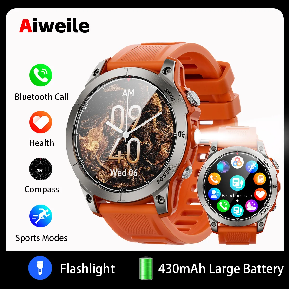 Outdoor Military Smartwatch Aiweile AW45 Smart Clock with Calls Smart Watch Men Light NFC Sport Compass 430mAh DIY Watchface