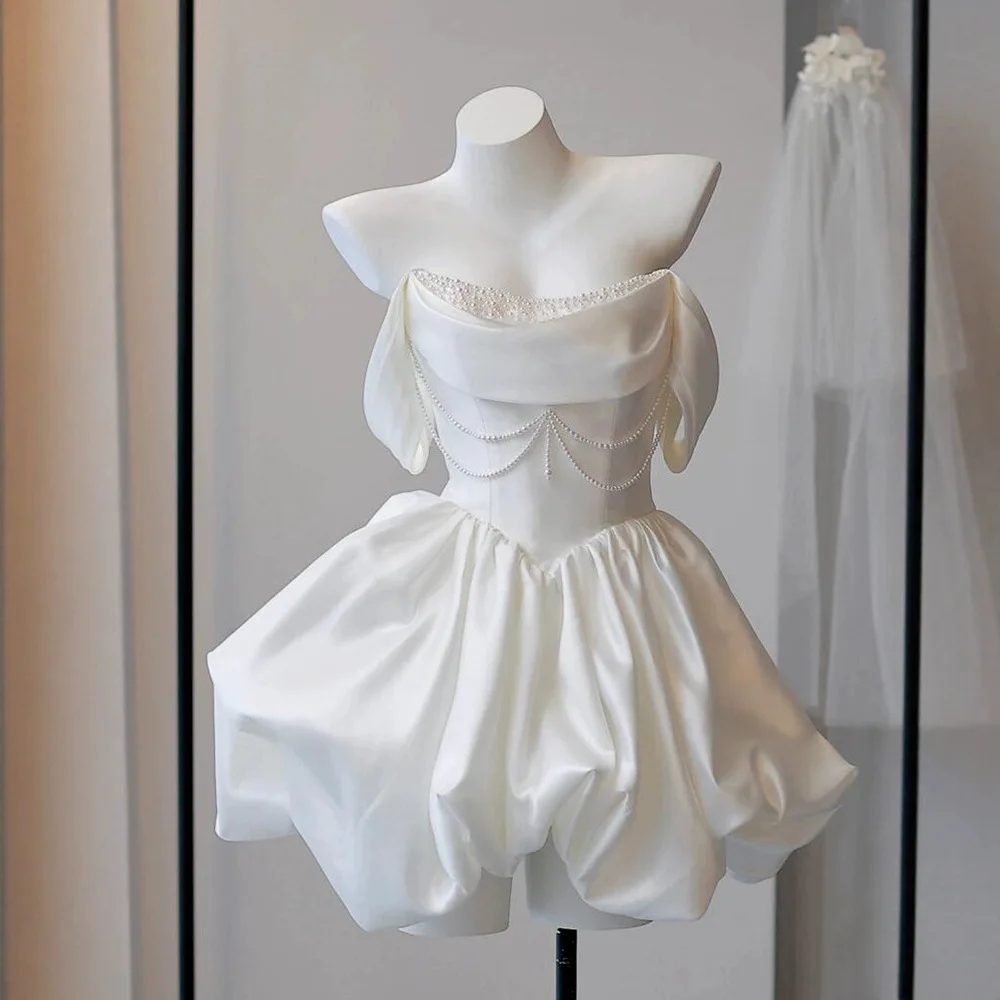 Korea Mini Short Wedding Party Dresses Wedding Photoshoot Strapless Beaded Taffeta Bolero Bride Gowns Corset Back Customized