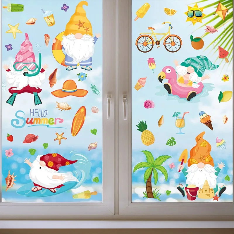 Summer Hawaii Cartoon Coconut Tree Gnome Static Cling Window Sticker Glass Decal Adhesive Decor for Home Shop