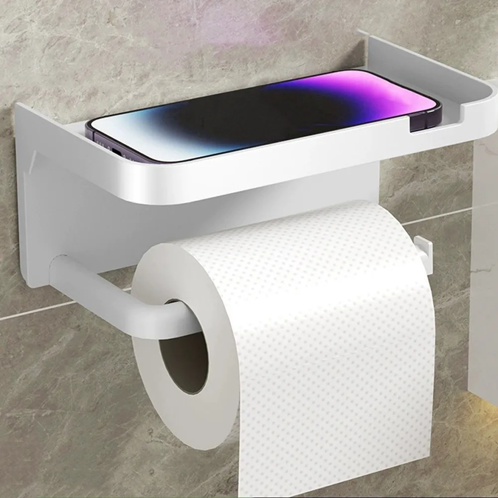 

Wall Mounted Toilet Paper Holder Space Saving Plastic No Drill Tissue Rack With Storage Tray Waterproof Toilet Paper Box