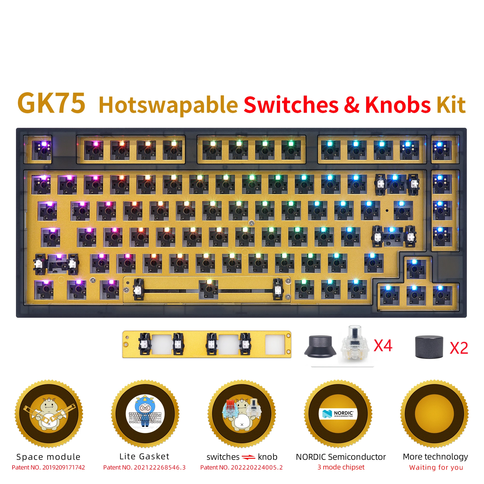 Plastic GK75 Triple-Mode 4 Knobs Gasket RGB Hot Swappable Macro Programmable Bluetooth Wired 2.4G Mechanical Keyboard Barebone