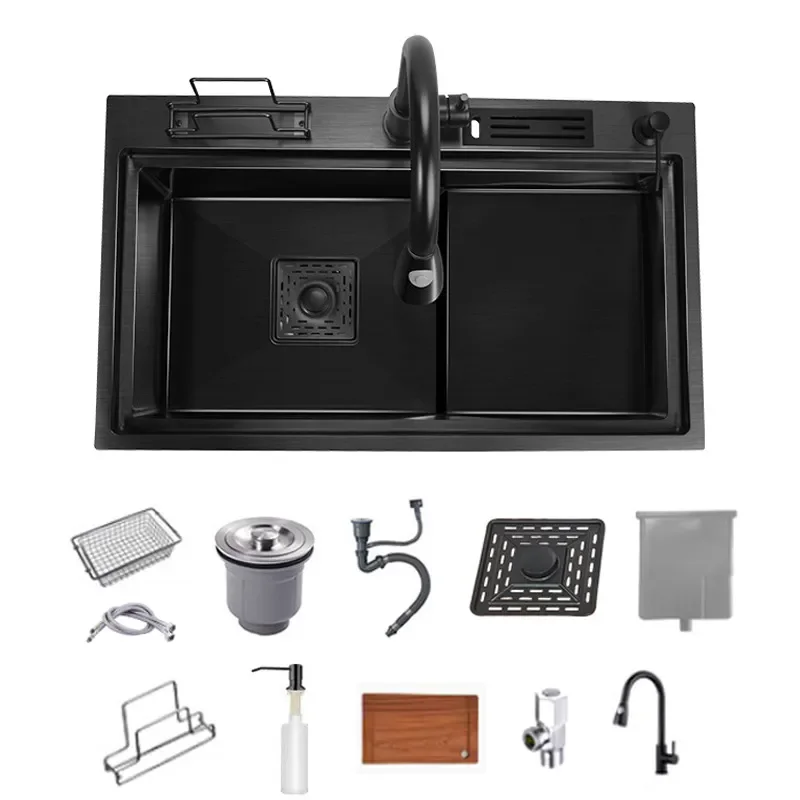 Stainless Steel Nano Coating Large Single Bowl Kitchen Sink Black Dishwasher Safe Vegetable Washing Basin Durable Modern