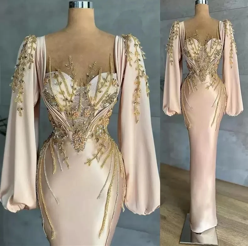 

Elegant Prom Dresses Long Sleeves Sexy Sequins Celebrity Satin Mermaid 3D Appliques Gold Beaded Evening Dresses Custom Made