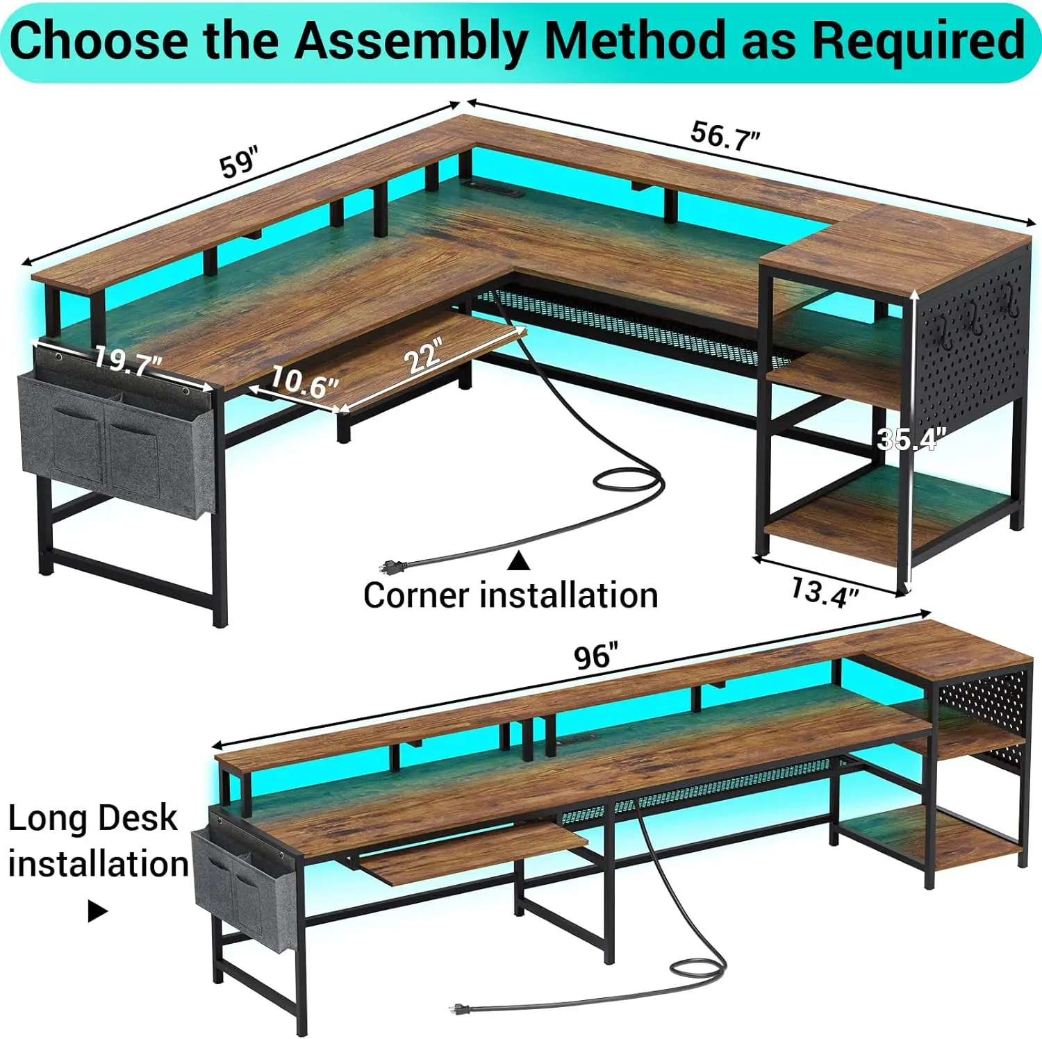 Shaped Computer Desk, Reversible Computer Desk, L Shaped Desk with Power Outlets & LED Strip, Monitor Shelf,