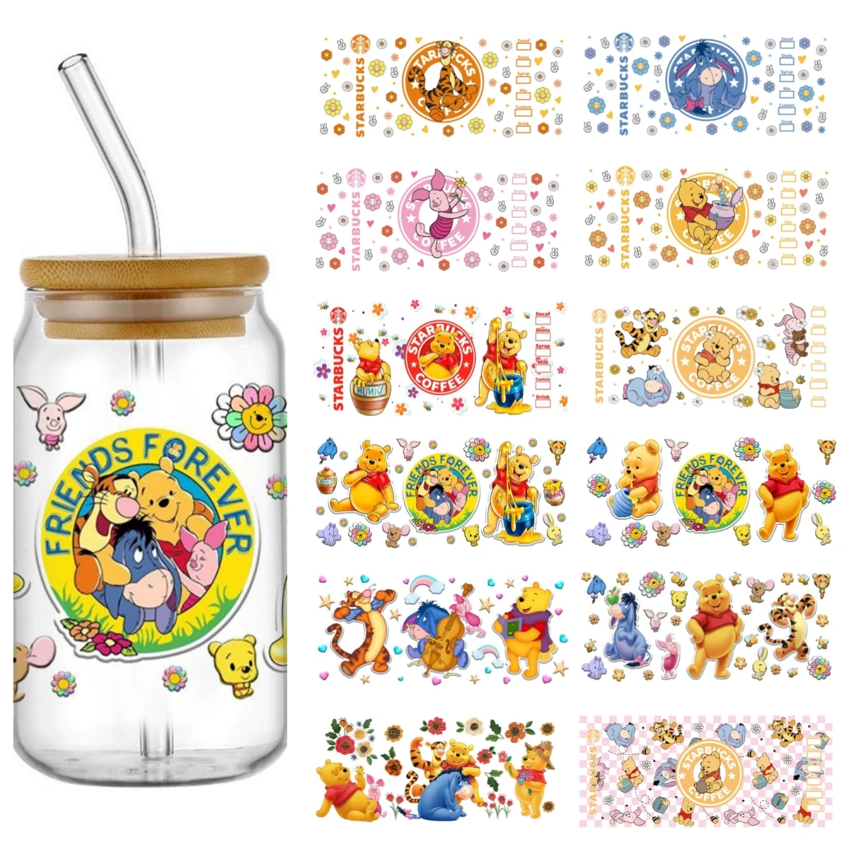 Miniso Disney Cartoon Bear Winnie the Pooh Pattern UV DTF Transfer Sticker Waterproof Transfers Decals For 16oz Glass Cup Wrap