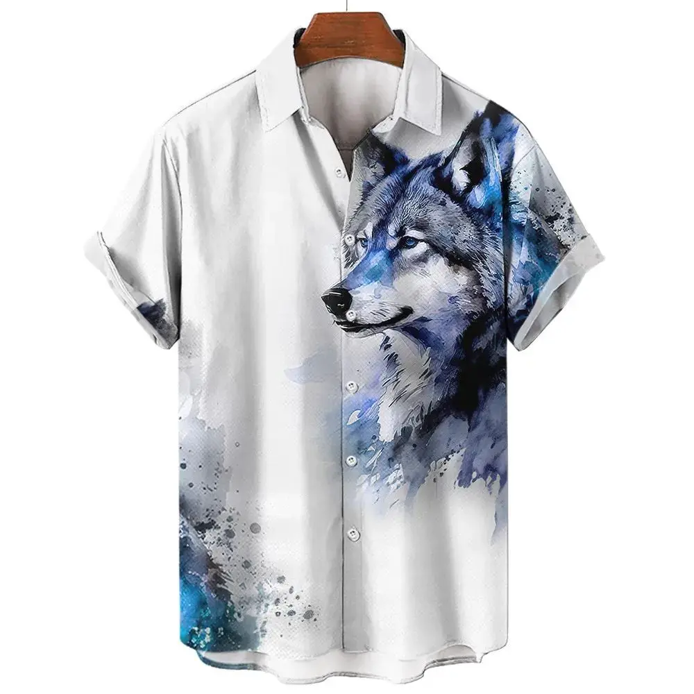 Camisas hawaianas de playa con estampado 3D de animales de lobo para hombres y mujeres, ropa de calle informal de moda, camisa de manga corta de gran tamaño, blusa, ropa para hombre