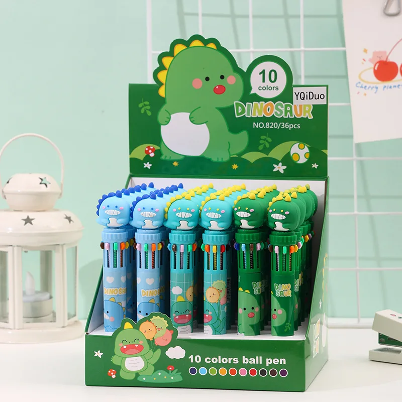 

36 Pcs with Box Cartoon Dinosaur 10 color Ballpoint Pen Cute Shape Side Press Multi-color Handbook Pen Gift Stationery