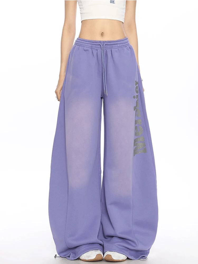 Retro American Distressed Letter Wide Leg Sweatpants Women Summer New Loose Casual Straight Leg Pants Unisex High Waist Rope ...