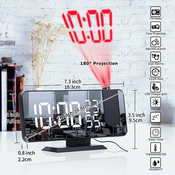 FM Radio Led Digital Alarm Clock Thermomether Humidity Dual Alarm Mute Clock Electronic Table Digital Clock with 180° Projection