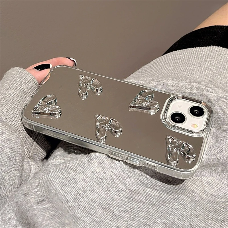 럭셔리 3D 러브 하트 메이크업 거울 전화 케이스 iPhone 15 14 13 12 Pro Max 11 한국 INS 실버 전기 도금 소프트 뒷면 커버